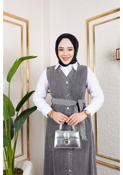 Harman Butik Kadın Düğmeli Kuşaklı Kot Jile Siyah
