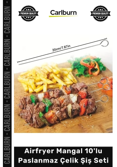 Şişseti Kaliteli Fırın Izgara Kamp Kebap Airfryer Mangal 10'lu Paslanmaz Çelik Şiş Seti 20 Cm Çok Renkli