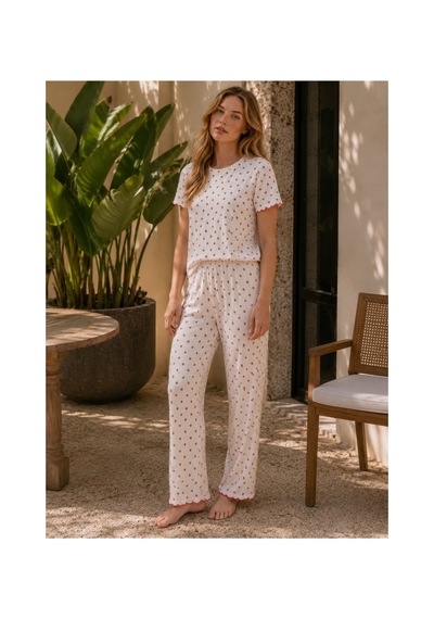 Rindahomewear Kadın Alaçatı Kumaş Çilek Desenli Kısa Kollu Yazlık Pijama Takımı Çilekbaskılı