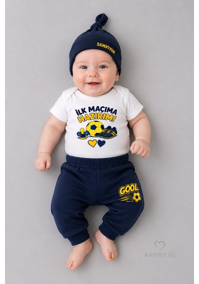 Babyden's Bebek 3'lü Takım Sarı Lacivert Taraftar Temalı Kısa Kol %100 Pamuk Yenidoğan Seti İlk Maçıma Hazırım