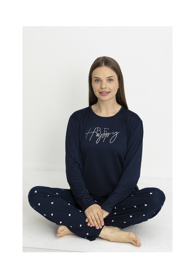 Estiva Kadın Kalp Alt Desenli Soft Uzun Kollu Pijama Takımı Lacivert