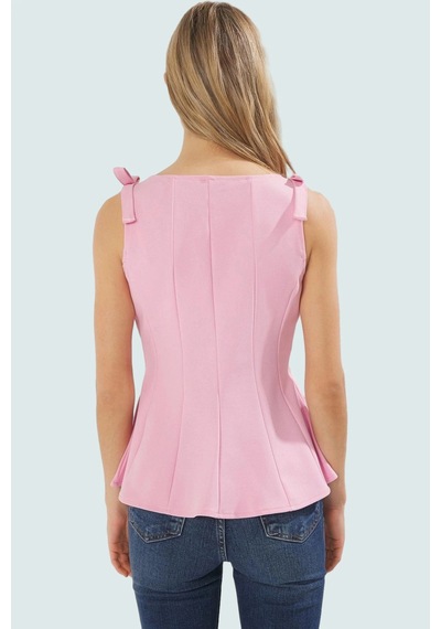 Ersefa Kolsuz Örme Bluz Peplum Kesim Bisiklet Yaka Yazlık Ve Şık Mükemme Pembe