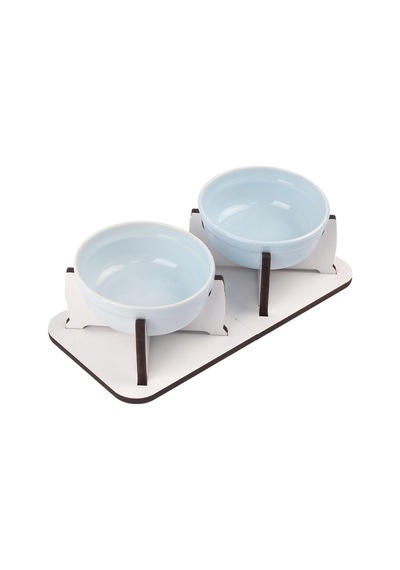 Kedi Köpek Mama Kabı, Ahşap Ayrılabilir Tabanlı 2'li Mama Ve Su Kabı Seti Kaymaz Stand, Hijyenik Kaseler, Minimal Tasarım, Seramik Kase Mavi Seramik