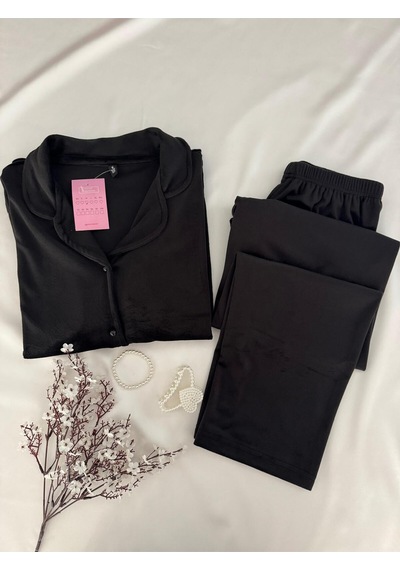 Mh Moony Homewears 2'li Siyah Gömlek Yumuşacık Kışlık Kadife Pijama Takımı Siyah
