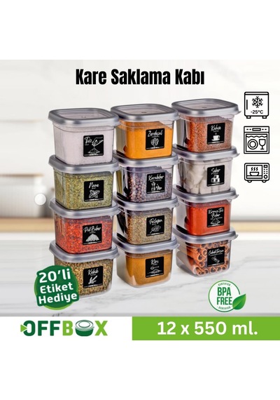 Offbox Kare Bakliyat Baharat Gıda Saklama Kabı - 0.55 Lt. - 12 Adet Antrasit Şeffaf