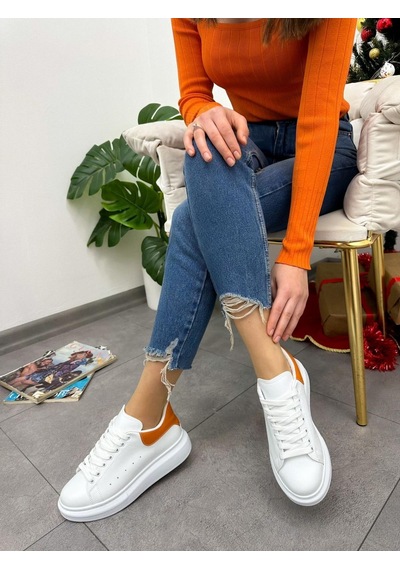 Erva'nın Butiği Beyaz Turuncu Queen Kadın Bağcıklı Sneakers-5023 Beyaz Turuncu Cilt