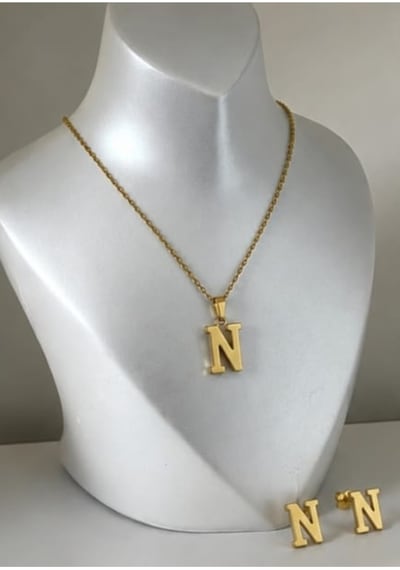 N Harfi 14K Gold Çelik Harf Kolye Küpe Takı Seti - İsim Baş Harfi Kişiye Özel Kararmaz Antialerjik Kadın Set