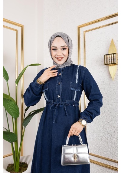 Harman Butik Kadın Püsküllü Denim Kot Elbise Lacivert Lacivert