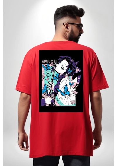 Shinobu Kocho Demon Slayer Kırmızı Oversize Unisex Ön Ve Sırt Baskılı Tişört Kırmızı