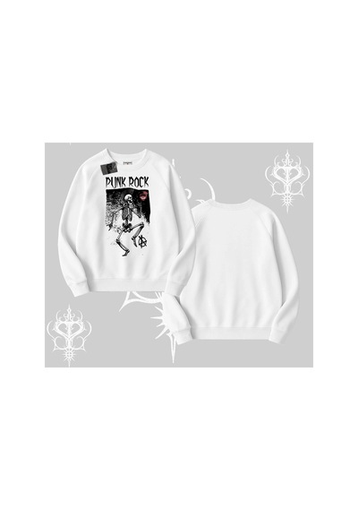 Tarzsokak Biskilet Sweatshirt Punk Rock Chaos Skeleton Riot Beyaz