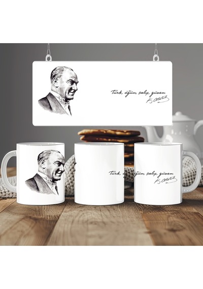 Atatürk Sözleri Ve Resmi Kupa Bardak - Mustafa Kemal İmzalı - '' Türk Öğün Çalış Güven '' Beyaz