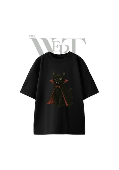 Thewert Vampir Kedi 1 Tasarım Baskılı Ünisex Siyah Oversize T-shirt