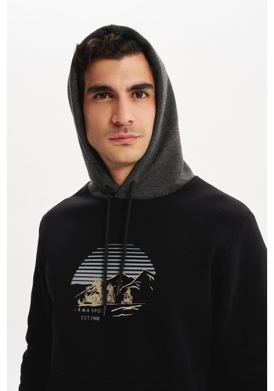 AR-MA Arma Erkek Kapüşonlu Sweatshirt Örme 3 İplik Şardonlu, Yazı Baskılı,cepsiz, Sade Ve Şık, Regular Fit K30254628901 Siyah