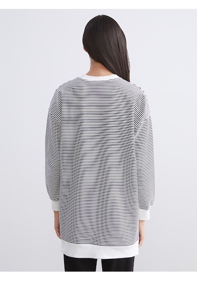 Lcw Modest Siyah Büyük Beden Bisiklet Yaka Çizgili Kadın Sweatshirt Tunik
