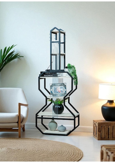 Dekoratif Siyah Metal Kitaplık Beyaz Ahşap Raflı Gitar Ünite