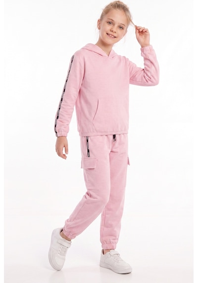 Panios Kids Kız Çocuk Kapüşonlu Şerit Detaylı Kargo Cepli Kapüşonlu Eşofman Takımı Pembe