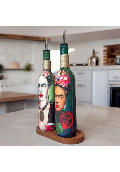 Özel Tasarım 750 Ml Zeytinyağı Sıvıyağ Şişesi Yağdanlık Yağlık Sirkelik Sosluk 2'li Set, Dekor Çok Renkli