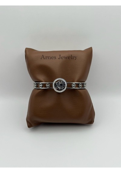 Arnes Jewelry Çelik Silver Zirkon Taşlı Kelepçe Bileklik Ar19 Silver