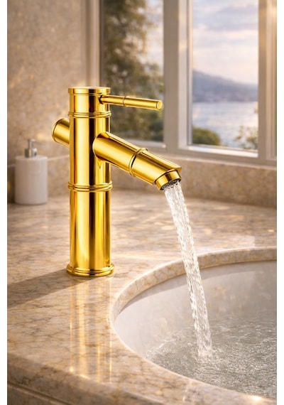 Viosa Lüx Premium Gold Pirinç Bambu Lavabo Bataryası Çeşmesi Musluğu Siyah