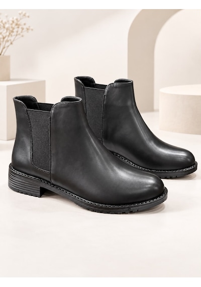 Dabab Shoes Maral Kadın Siyah Cilt Yuvarlak Burun Lastik Detaylı 3 Cm Topuklu Kaymaz Taban Chelsea Bot Bootie