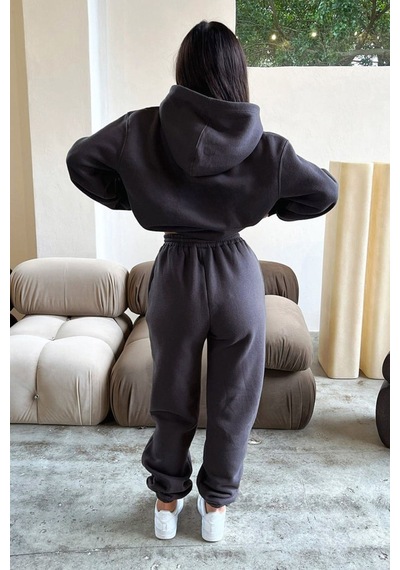 Basic Düz Eşofman Takımı Sweatshirt Jogger - Füme Oversize Şardonlu Kapüşonlu Füme