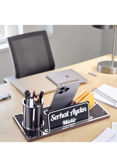 Lora Gümüş Renk Ahşap Masa Organizeri Mermer Desenli Hediye Ofis Dekoratif Masa Üstü İsimlik Siyah