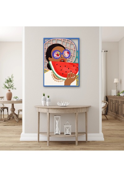 Karpuz Yiyen Gözlüklü Kadın - Metal Tablo - Dec0339 48 X 65 Cm Çok Renkli