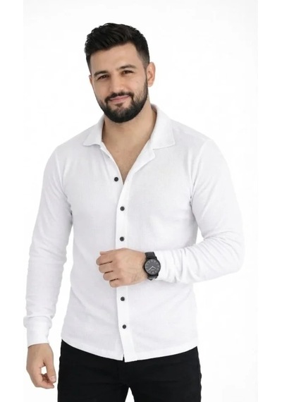 Etiler Collection Erkek Waffle Kumaş Uzun Kollu Düğmeli Açık Yaka Regular Fit Gömlek - Beyaz