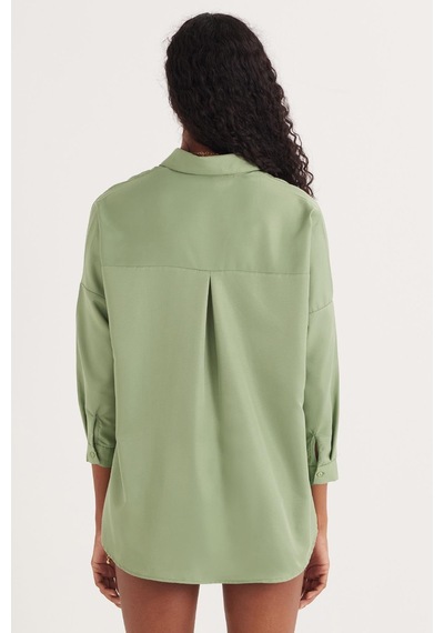 Tudors Kadın Oversize Rahat Kesim Spor Yaka Uzun Kollu Basic Düz Mint Gömlek-36878 Mint