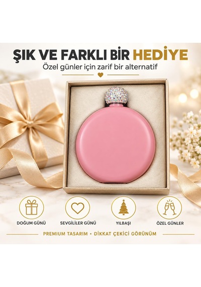 Lüks Taş İşlemeli Renkli Paslanmaz Çelik İçki Matarası 5 Oz 150 Ml. Cep Çanta Kamp Outdoor Hediyelik Pembe