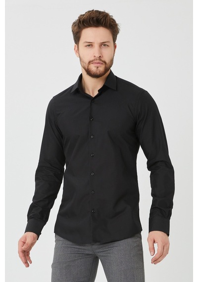 Bawcompany Erkek Siyah Slim Fit Düz Büyük Beden Gömlek