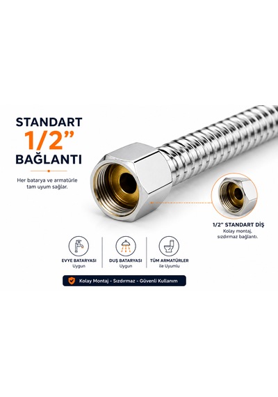 150 Cm Premium Spiral Duş Hortumu Paslanmaz Krom Kaplama Çelik Örgülü Pirinç Somunlu 1/2'' Bağlantı