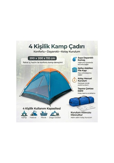 Buffer 4 Kişilik Kamp Çadırı Manuel Kurulum Düz Kapılı Outdoor Dayanıklı Kamp Doğa Çadırı 200 X 200 Yeşil