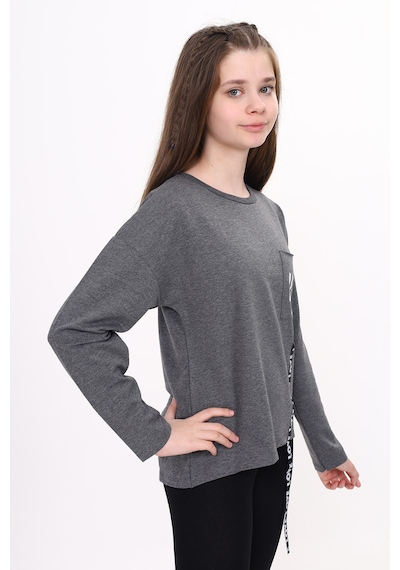 Toontoy Kız Çocuk Cep Üstü Baskılı Sweatshirt Antrasit Melanj