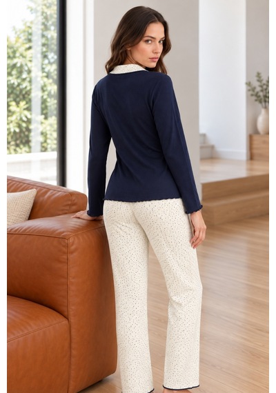 Nisanca Premium Soft Dokulu Kadın Düğmeli Uzun Kollu Pijama Takımı Fitilli Kumaş, Desenli Uzun Alt, 2'li Takım Lacivert