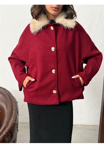 Verymoda Peluş Yakalı Dügmeli Kaşe Mont F2048 Bordo