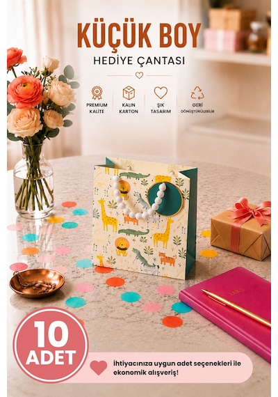 10 Adet 15.4 X 18.4 X 7.6 Cm - Safari Hayvan Desenli Küçük Boy Karton Hediye Çantası 3+