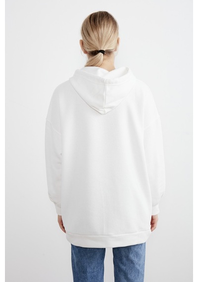 Meecy Kadın Beyaz Kapüşonlu Kanguru Cepli Sweatshirt Beyaz Beyaz