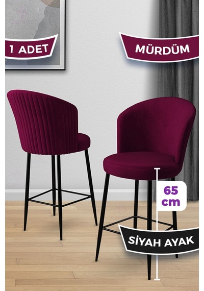 Canisa Alte Serisi 1 Adet 65 Cm Mürdüm Ada Mutfak Bar Sandalyesi Babyface Kumaş Siyah Metal Ayaklı Sandalyeler Mürdüm Ayaklar Siyah