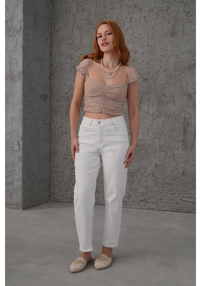 Defymoda Puantiyeli Belden Oturtmalı Tül Krem Bluz Krem