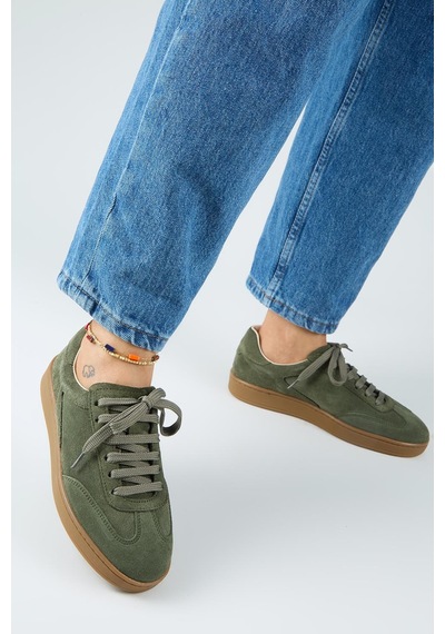 Manijero Krahe Barbella Kadın Hakiki Deri Üç Ayrı Alternatif Bağcıklı Haki Sneakers