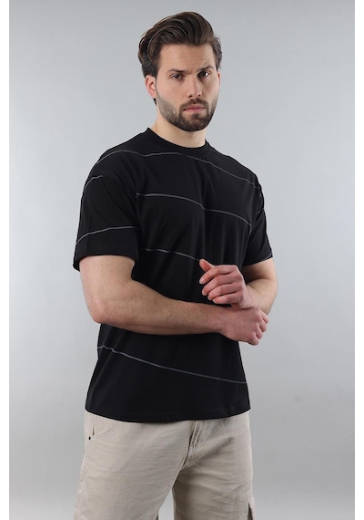 Madmext Siyah Bisiklet Yaka Basic Çizgili Erkek T-shirt E7102 Siyah