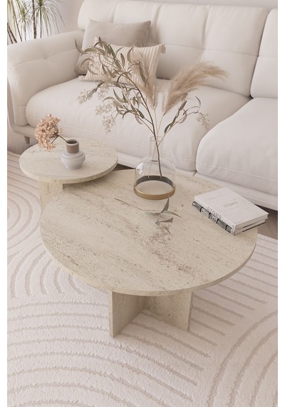 2 Li Orta Sehpa Seti, Iskandinav Stil, Bohem, 72 Cm, 40 Cm - Traverten