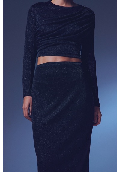 Sateen Simli Midi Etek - Siyah-135382 Siyah