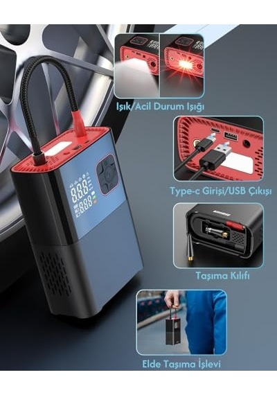 6000mah Led Işıklı Çantalı Powerbank Özellikli Şarjlı Ve Kablolu Dc12v Araç Motor Bisiklet Top Lastik Şişirme Hava Kompresörü 130w