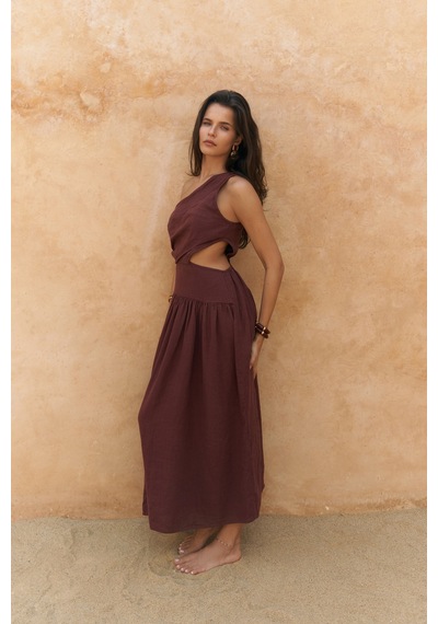 Mai Collection Mai Studios Co. Mharia Asimetrik Detay Bordo Uzun Keten Elbise Bordo