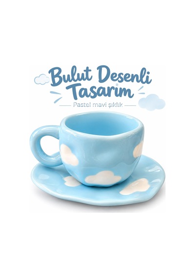 Valkyrie Bulut Desenli Pastel Mavi Kahve Fincanı Ve Tabağı Seti Seramik Şık Tasarım
