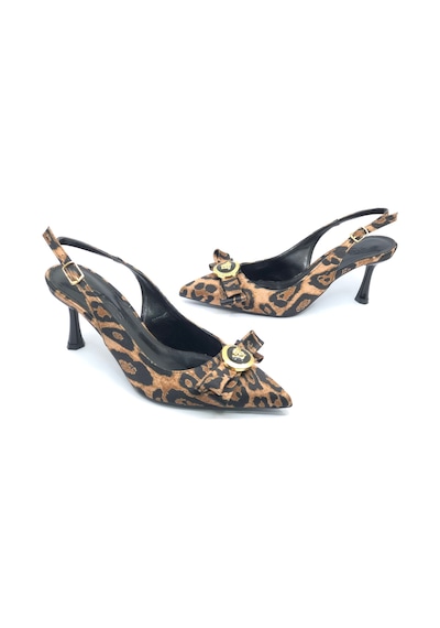 Feles Fiyonk Sarı Toka Detaylı Arkası Açık Stiletto Kadın Topuklu Ayakkabı Leopar
