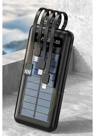 10000 Mah Powerbank Göstergeli Powerbank Solar Powerbank Güneş Enerjili Fenerli 4 Çıkışlı Siyah
