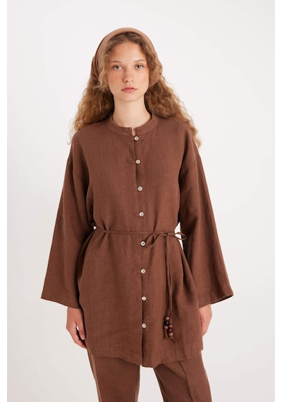 Defacto %100 Keten Regular Fit Bağcıklı Uzun Kollu Tesettür Gömlek Tunik D4394AX24HS Kahve